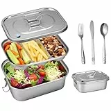Jekasy Bento-Box aus Edelstahl 304 Auslaufsichere, Tablett mit 3 Fächern, 1800 ml Lunchbox aus Edelstahl mit luftdichtem Ventilgriff, einschließlich Besteckset (Gabel/Messer/Essstäbchen)