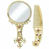 minkissy Kosmetikspiegel Vintage Spiegel Kamm Set Dekorative Metall Spiegel Retro Make- Up Spiegel Pinsel Metall Tragbare Haar Kamm Für Dame Frau Goldene Handspiegel