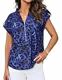 GRACE KARIN Damen-Pullover mit Leopardenmuster 3/4-Reißverschluss elastische Bluse mit abgerundetem Saum Alltagsbluse Blauer Leopardenmuster L