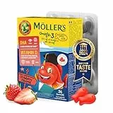 Möller's Omega 3 Kapseln für Kinder | Natürliche Omega 3 Fischtran mit Erdbeergeschmack | Mit DHA und EPA | Leicht zu kauen | Ohne Gluten, Laktose und Zucker | 36 Stück