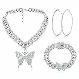 Kakonia Link Kette Schmuck Set Bling Strass Schmetterling Anhänger Halskette Armband und Crystal Large Hoop Ohrringe Set Silber Gold Zubehör Schmuck Set für Frauen