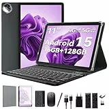 KADYBE Android 15 Tablet 11 Zoll mit SIM Card Slot, 8000mAh Akku, 5G WiFi + 4G LTE Dual-SIM, 16GB + 128GB(1TB erweiterbar), Octa-Core, GPS, Tablett PC mit Tastatur Maus Stift Komplettset, Grau