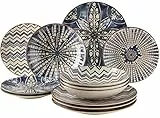MÄSER 934017 Iberico Blue 12-teiliges Tafelservice für 4 Personen im maurischen Stil, Teller Set mit verschiedenen Vintage Mustern in Weiß und Blau, Steinzeug