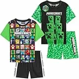 Minecraft Pyjama Jungen 7-14 Jahre, 2er Pack Sommer Kurz Schlafanzug Kinder mit Weich Kurzarm T-Shirt, Gamer Geschenke für Kinder (7-8 Jahre, Grün, 2er-er-Pack)