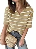 Damen Sommer Kurzarm Strickpullover mit V-Ausschnitt Gestreifter Outfit T-Shirt lockerer Schnitt modischer Freizeit Pullover 2025