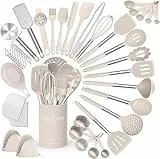 Terlulu Küchenhelfer Set, 34-teiliges Silikon Kochutensilien Kochbesteck Set, Hitzebeständiger Kochgeschirr mit Utensilienhalter, Antihaft Kochset Küchenutensilien mit Edelstahlgriff