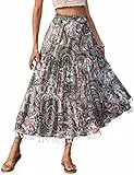 KOJOOIN Damen Rock lang Maxirock Boho Elastische Taille Blumen Sommerrock Rüschen A-Linien Strandrock elegant Faltenrock mit Quaste (Verpackung MEHRWEG), A-Grün, XL