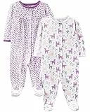 Simple Joys by Carter's Baby Mädchen Schlaf- und Spielanzug aus Baumwolle mit Füßen und Druckknöpfen, 2er-Pack, Purpur Punkte/Weiß Einhorn, 0-3 Monate