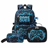 Amythe Schulrucksack Jungen Teenager 3 Teilig, Schultasche Kinder für 3. bis 7. Klasse mit Lunch Tasche Federmäppchen, Schulranzen Wasserdichter Leuchtstoff für 15.6 Zoll Laptop, Blau