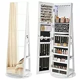 SONGMICS JJC007W01 Schmuckschrank mit Spiegel auf Füßen, abschließbar, mit 6 LEDs, Schmuckaufbewahrung, um 360° drehbar, rahmenlos, 3 Ablagen, weiße Oberfläche, schwarze Innenauskleidung