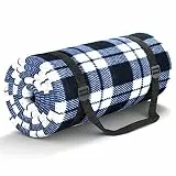 HUTHIM Picknickdecke 200x200cm, Stranddecke Wasserdicht Sandfrei Outdoor Decke Waschbar XXL Picknickdecken, Faltbar Strandmatte mit Schultergurt, ideal für Strand Park (Blaues-Weiß-Gitter)