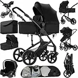 Reenborn Kinderwagen 3 in 1, Buggy mit Zwei Umkehrbaren Schiebemodi, Kinderwagen mit Rahmen Aluminiumlegierung, Babywagen 3 in 1 Komplettset mit Ein-Klick-Faltdesign Hohe Landschaft (588 Black)