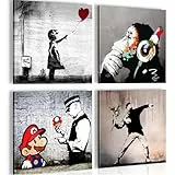 Novart Bilder Set Banksy Style - KOMPLETT AUFHÄNGFERTIG - Grau Bunt Wohnzimmer Schlafzimmer Flur - 4 Moderne Wandbilder 30x30 cm - N037044a