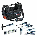 Bosch Professional Combo Kit: Werkzeugtasche GWT 20 + Handwerkzeug-Set (inkl. 3x Schraubendreher, Innensechskantschlüssel-Set 9-teilig, 1x Seitenschneider, 1x Hammer, 1x Wasserwaage 25 cm, 1x Messer)
