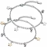 JewelryWe Schmuck 2pcs Damen Armband Fußkette, Pentagramm Stern Glöckchen Charm Fußkettchen, Edelstahl, Silber Rose Gold