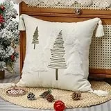 Lewondr Weihnachten Kissenbezüge, 45x45CM 1PCS weiche Pellet Samt Stickerei Bäume braun weiß dekorative Lumbal Kissenbezug mit Quaste Luxus Wurf Kissenbezug für Bett Home Decor