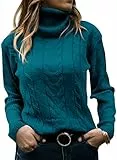 GeGekoko Pullover Damen Rollkragenshirt Cable Knit Elegant Langarm Tops Lose Grobstrick Casual Weich Jumper Sweater,See Blau,M