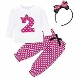 FYMNSI Baby Kleinkinder Mädchen 2. Zweiter Geburtstag Outfit Retro Gepunktet Baumwolle Langarm Top T Shirt Langes Hosen Stirnband 3tlg Bekleidungsset Herst Casual Kleidung Rose 18-24 Monate
