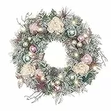 Valery Madelyn 18 Zoll/46 cm Weihnachtskranz für Haustür mit Funkelnde Traumrose und Goldener Kranz mit Kugeln, Weihnachtsriff mit LED Lichtern und Timer-Funktion für Weihnachtsfeiern Dekoration