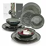 SÄNGER | Teller Set Kopenhagen 12 tlg, Steingut Geschirr Set 4 Personen, Tafelservice inkl. Essteller Frühstücksteller & Tiefe Teller, Speiseteller Set Spülmaschinenfest Grün Grau | PREMIUM COLLECTION