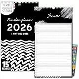 Familienkalender 2026 5 Spalten SCHWARZ-WEIß Familienplaner 2026 mit STICKER Urlaub Recycling Ferien Wandplaner 2026 Wandkalender 23 x 43cm inkl. Okt-Dez 2025, Pflanzkalender, black white Design