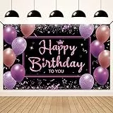 Koliphy Geburtstag Deko Banner, Happy Birthday Banner Schwarz Lila Geburtstagsdeko für Mädchen Frau, Stoff Geburtstagsbanner Dekoration Drinnen und Draußen