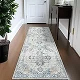 TOPICK Läufer 60x150cm Blau Flur Floral Teppich Waschbar Superdünne Faltbar Vintage Blumenteppich Kurzflor Orientalischer Küchenteppich Eingangsmatte Büro Teppichläufer