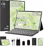 Dghrti Tablet 10 Zoll Android 14, 22GB RAM 128GB ROM/TF 1TB, Octa-Core Prozessor, 8000mAh, BT5.0, 8MP+5MP, Dual WLAN, Face ID, Widevine L1, Augenschutz, Tablet mit Tastatur & Maus Metallkörper-Schwarz