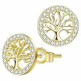 Micory Goldene Lebensbaum Ohrringe für Damen, 925 Sterlingsilber Kreis Baum Ohrstecker mit funkelndem Zirkonia Kranz, hypoallergen Geschenkidee