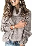 Wenrine Damen Rollkragen Pullover Oversized Winter Langarm Strickpullover Casual Warm Pulli Lose Gestrickt Sweater mit Metallknöpfen(Grau, L)