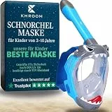 Khroom Schnorchelmaske Kinder 3-10 Jahre | TÜV geprüft & CO2 sicher | Vollgesichtsmaske/Tauchmaske Kinder ganzes Gesicht | Tauchermaske mit Tragetasche (Hai Blau)