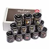 Gewürze Set Geschenk - Grill Gewürz Gewürzmischung für BBQ Fleisch Fisch Gemüse 12 Designgläser von Grillplanet Premiumqualität