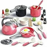 Yagosodee Küche Spielzeug Set, 32pcs Kinder Rolle Spielen Pretend, Kochgeschirr Kochutensilien Pfanne Kit, Küchenzubehör Kochen Töpfe und Pfannen, Geschenke für 3 4 5 6 Jahre alt rot