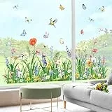 decalmile Fensterbilder Blumen Fensteraufkleber Grün Gras Frühling Fenster Abziehbilder Blumenwiese Schmetterlinge Sommer Fenstersticker Glas Fensterdeko Aufkleber