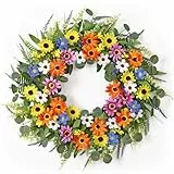 Dremisland Türkränze Frühling Kränze für Haustür Künstliche Blumen Kranz 55cm Groß Eukalyptus Türkranz Ganzjährig Daisy Blumenkranz Girlande Willkommen Kränze für Wand Hochzeit Türdekoration