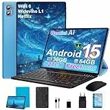 SUAAT Tablet 10.1 Zoll Android 15 mit 30GB RAM+64GB ROM 1TB TF, WiFi 6, BT 5.0, 6000mAh, Dual Camera 8+5MP,1280 * 800, Cast, OTG, Type C, mit Hülle, Tastatur & Maus-Blau