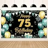 Koliphy 75. Geburtstag Banner, 75. Geburtstagsdeko für Mann Frau, Happy Birthday Banner Stoff Deko Geburtstagsbanner Hintergrund Party Dekoration Drinnen und Draußen (Grün Gold)