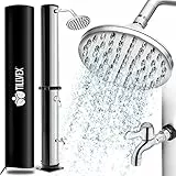 tillvex Solardusche 20 Liter | Solar Garten-dusche warmes Wasser | Pooldusche Camping | ohne Stromanschluss | mit Wasserhahn und Regenduschkopf | Gartenschlauch-Anschluss (Schwarz/Silber)