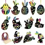 MONCAP 48 Stück Osterhasen Kratzpapier Kinder Ostern Kratzbilder Hase Kratzpapier Kaninchen Scratch Art Ostern Papierbastelset mit Kratzstift für Jungen Mädchen Frühling Osterdeko Party Geschenke