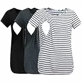 Smallshow Damen Stillshirt Kurzarm Stillen Tshirt Umstandsmode Top 3er Pack,Black-Deep Grey-White Stripe,XXL