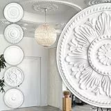 HEXIM Perfect Stuckrosette aus PU hartschaum - Deckenrosette weiß, Zierelement, Stuck (B3018, Ø 46cm) Wanddekoration Schlafzimmer Lampe Rosette rund