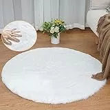 ORINOVA Teppich Rund Schlafzimmer Flauschig Weiß 90 cm Fellteppich Kunstfell Teppich Wohnzimmer Kinderzimmer Kuschelig Waschbar