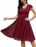 Clearlove Damen Kleider V-Ausschnitt Halbarm Mesh Kleid mit Doppelschicht Chiffon Saum Freizeitkleid(Weinrot,XXL)
