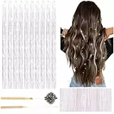 Deepton 2000 Hair Tinsel, 120cm Glitzer Haarsträhnen mit Werkzeug, Haar Lametta Set, Mädchen & Kinder Haarlametta, Glitzersträhnen für Haare für Frauen Kinder Cosplay Party Zubehör, Silberweiss