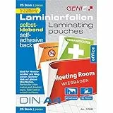 Genie 12538 DIN A4 Laminierfolien mit selbstklebender Rückseite glänzend, transparent, Folienstärke 80 mic, Geeignet für alle Heißlaminiergeräte, 25er Pack