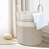 HDRNT Wäschekorb Geflochten aus Baumwolle,45L Wäschesammler mit Henkel,Geflochtener Wäschesortierer, Laundry Basket Aufbewahrungskorb für Wäschekammer Kinderzimmer Bad (35cm*40cm) (beige+weiß)