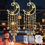 95 LED Weihnachtsdeko Fenster Sterne, 2 Stück Weihnachtsbeleuchtung Fenster mit Fernbedienung & Timer, 8 Modi Warmweißen Mond Sterne Lichterkette Weihnachten Batterie für Fenstertür Wand