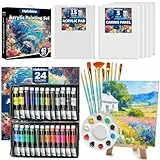 Halobios Acrylfarbe Set, Kunst Malerei Zubehör Kit mit 24 Farben Acrylfarben (22ML), Holztisch Easel, Leinwand, Malerei Pads, 10 Paint Pinsels & etc für Studenten, Künstler und Anfänger