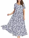 YESNO Damen Kleider Freizeit Lose Sommerkleid Lang Boho Maxikleid für Rundhals Strandkleid Blumenkleid L EJFDE Floral 148