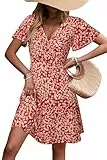 STYLEWORD Sommerkleid Damen Kurzarm V-Ausschnitt Kleid Blumenmuster A Linie Strandkleid Midi Wickelkleid mit Taschen,L